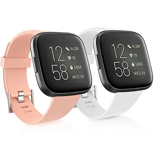Dr.Sept 2 Pack Waterproof Bands Compatible with Fitbit Versa 2 Bands for Women Men, Classic Soft Sports Replacement Wristbands for Fitbit Versa 2/Versa Lite/Versa SE (White/Pink, Small 5.5''-7.1'') 