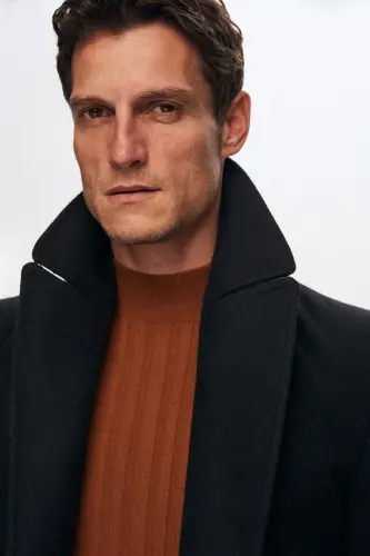 Ds Damat, navy blue, regular fit, cashmere coat with metal button details. - 3