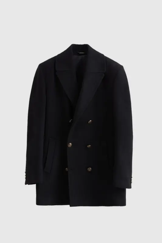 Ds Damat, navy blue, regular fit, cashmere coat with metal button details. - 5
