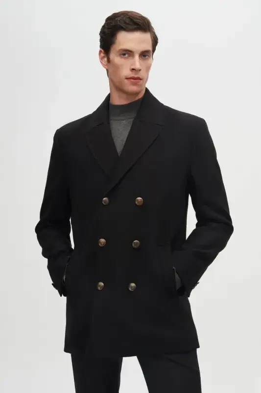 Ds Damat Regular Fit Black Double Breasted Sailor Metal Button Detailed Wool Coat-Black - 2