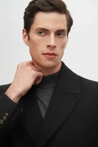 Ds Damat Regular Fit Black Double Breasted Sailor Metal Button Detailed Wool Coat-Black - 3