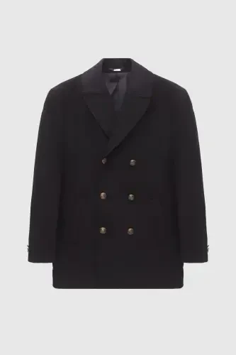 Ds Damat Regular Fit Black Double Breasted Sailor Metal Button Detailed Wool Coat-Black - 5