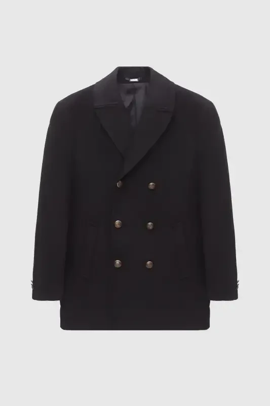 Ds Damat Regular Fit Black Double Breasted Sailor Metal Button Detailed Wool Coat-Black - 5