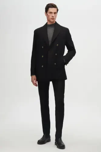 Ds Damat Regular Fit Black Double Breasted Sailor Metal Button Detailed Wool Coat-Black - 7
