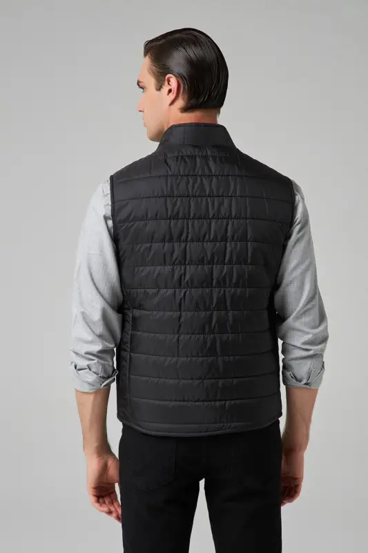 Ds Damat Regular Fit Black Stand-Up Collar Fiber-Filled Seasonal Zippered Puffer Vest - Black - 6