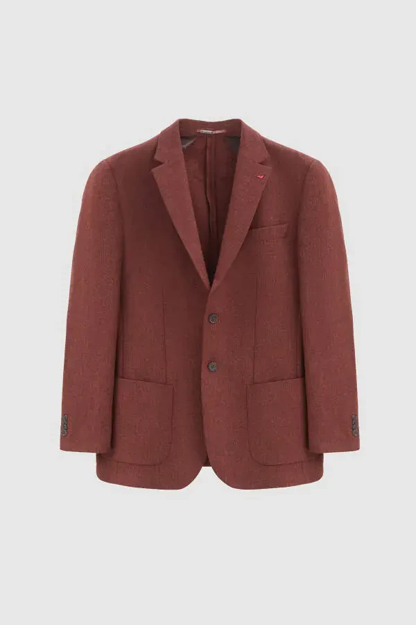 Ds Damat Regular Fit Brick Red Armored Double-Slit Wool Blazer Fabric Jacket - 2