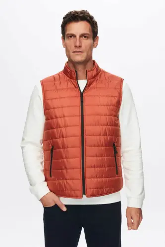 Ds Damat Regular Fit Brick Red Stand-Up Collar Fiber Filled Seasonal Zippered Padded Vest Jacket-Orange 