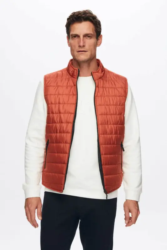 Ds Damat Regular Fit Brick Red Stand-Up Collar Fiber Filled Seasonal Zippered Padded Vest Jacket-Orange - 2
