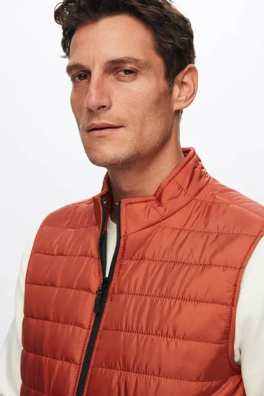 Ds Damat Regular Fit Brick Red Stand-Up Collar Fiber Filled Seasonal Zippered Padded Vest Jacket-Orange - 3
