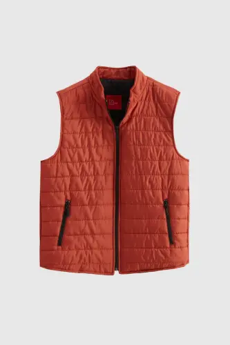 Ds Damat Regular Fit Brick Red Stand-Up Collar Fiber Filled Seasonal Zippered Padded Vest Jacket-Orange - 5
