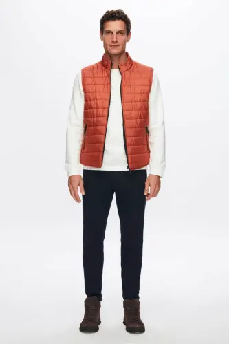 Ds Damat Regular Fit Brick Red Stand-Up Collar Fiber Filled Seasonal Zippered Padded Vest Jacket-Orange - 6