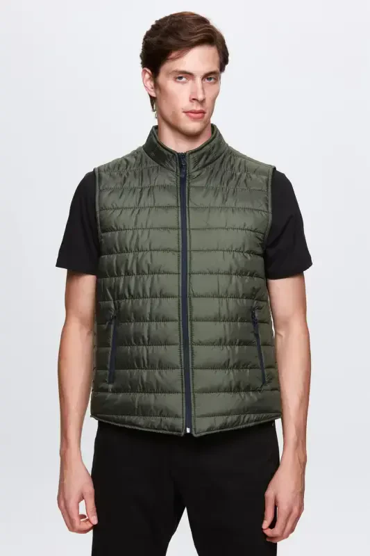 Ds Damat Regular Fit Haki Dik Yaka Elyaf Dolgulu Mevsimlik Fermuarlı Şişme Yelek Mont-Yeşil - 1