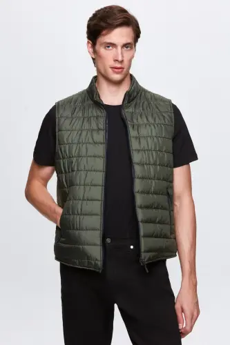 Ds Damat Regular Fit Khaki Stand-Up Collar Fiber Filled Seasonal Zippered Padded Vest Jacket-Green - D'S DAMAT (1)