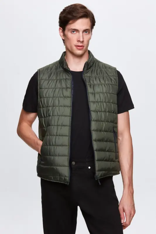 Ds Damat Regular Fit Khaki Stand-Up Collar Fiber Filled Seasonal Zippered Padded Vest Jacket-Green - 2