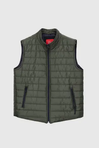 Ds Damat Regular Fit Khaki Stand-Up Collar Fiber Filled Seasonal Zippered Padded Vest Jacket-Green - 5