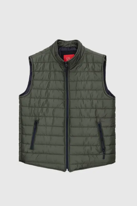 Ds Damat Regular Fit Khaki Stand-Up Collar Fiber Filled Seasonal Zippered Padded Vest Jacket-Green - 5