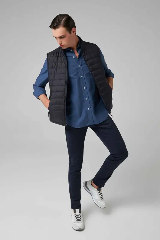 Ds Damat Regular Fit Navy Blue Stand-up Collar Fiber Filled Seasonal Zippered Puffer Vest Coat - Navy Blue - 5