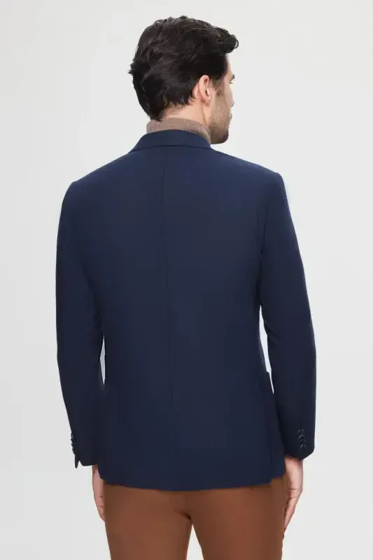 Ds Damat Regular Fit Navy Blue Textured Double Slit Wool Blend Blazer - Navy Blue - 4