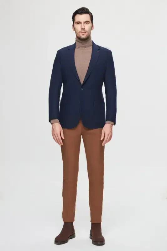 Ds Damat Regular Fit Navy Blue Textured Double Slit Wool Blend Blazer - Navy Blue - 6