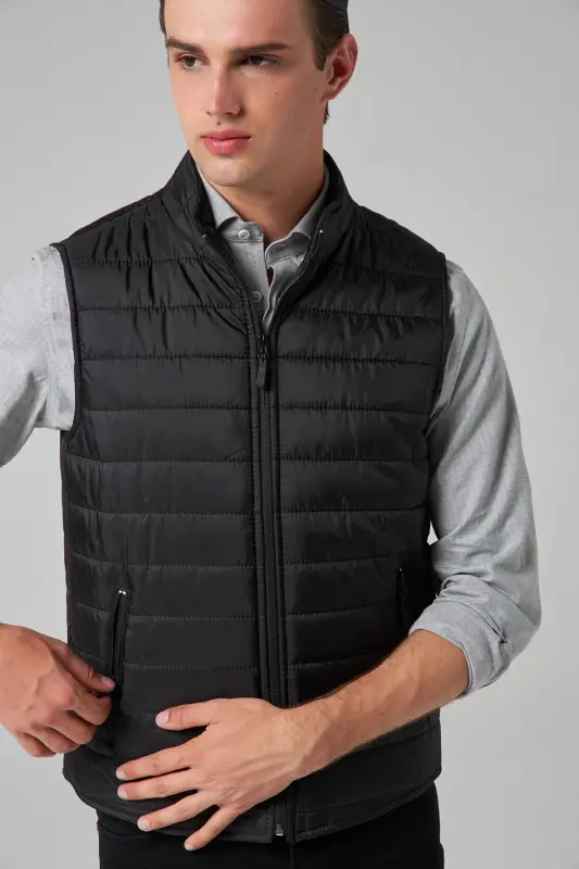 Ds Damat Regular Fit Siyah Dik Yaka Elyaf Dolgulu Mevsimlik Fermuarlı Şişme Yelek Mont - Siyah - 4