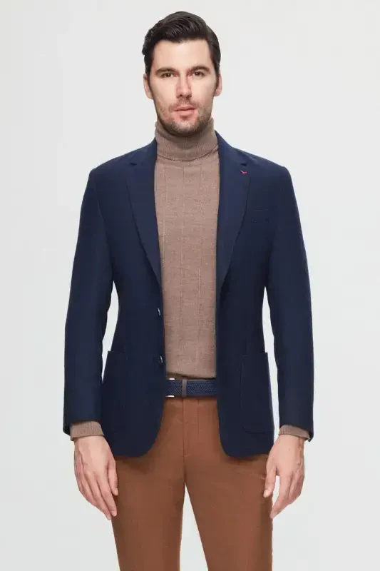 Ds Damat Regular Fit toʻq koʻk armürli qoʻsh yirtigli junli blazer mato pidjak-toʻq koʻk - D'S DAMAT