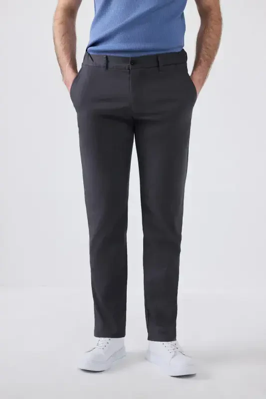 Ds Damat Slim Fit Antrasit Armürlü Yon Beli Lastikli Esnek Likrali Yondan Cepli Chino Pantolon-Gri - 1