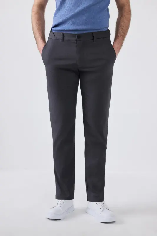 Ds Damat Slim Fit Antrasit Armürlü Yon Beli Lastikli Esnek Likrali Yondan Cepli Chino Pantolon-Gri - D'S DAMAT