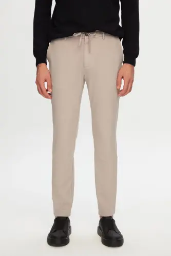 Ds Damat Slim Fit Beige Elastic Waistband Drawstring Zippered Lycra Comfortable Jogger Pants-Beige 