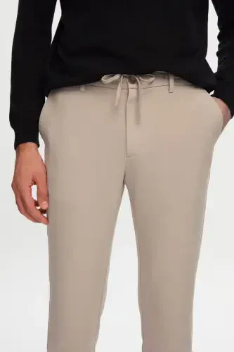 Ds Damat Slim Fit Beige Elastic Waistband Drawstring Zippered Lycra Comfortable Jogger Pants-Beige - D'S DAMAT (1)