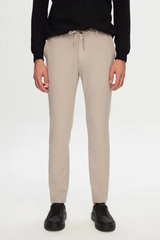 Ds Damat Slim Fit Bej Beli Lastikli İpli Fermuarlı Likralı Rahat Jogger Pantolon - Bej - D'S DAMAT