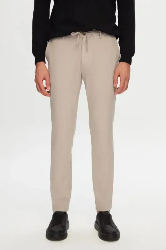 Ds Damat Slim Fit Bej Beli Lastikli Ipli Fermuarlı Likralı Rahat Jogger Pantolon-Bej - D'S DAMAT