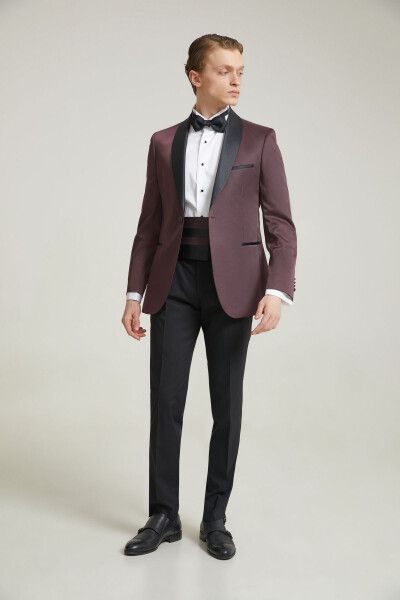 Ds Damat Slim Fit Bordo Jakar Desenli Damatlık & Smokin Takım Elbise - 17