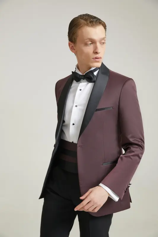 Ds Damat Slim Fit Bordo Jakar Desenli Damatlık & Smokin Takim Elbise - 1