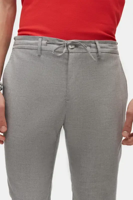 Ds Damat Slim Fit Gri Beli Lastikli İpli Fermuarlı Likralı Rahat Jogger Pantolon-Gri Melanj - 1