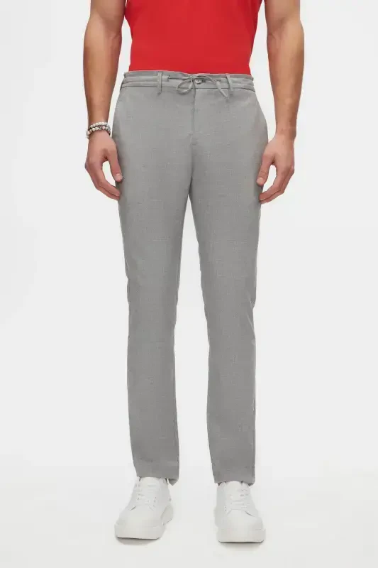 Ds Damat Slim Fit Gri Beli Rezinkali Ipli Fermuarli Likrali Qulay Jogger Shim-Kulrang Melanj - 5