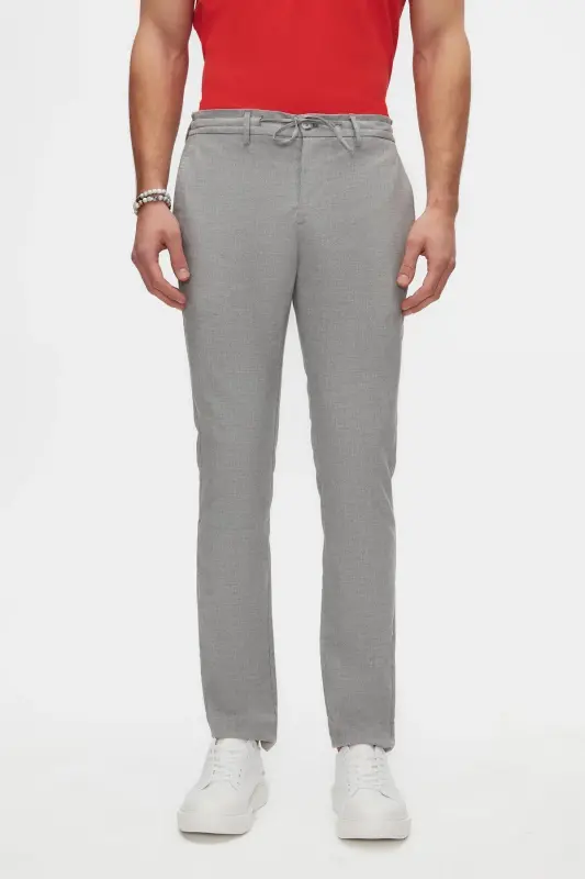 Ds Damat Slim Fit Gri Beli Rezinkali Ipli Fermuarli Likrali Qulay Jogger Shim-Kulrang Melanj - 5