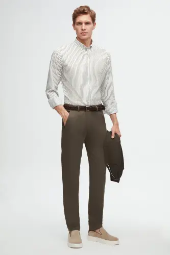 Ds Damat Slim Fit Khaki Textured Side Waist Elastic Flexible Lycra Side Pocket Chino Trousers-Khaki - D'S DAMAT (1)