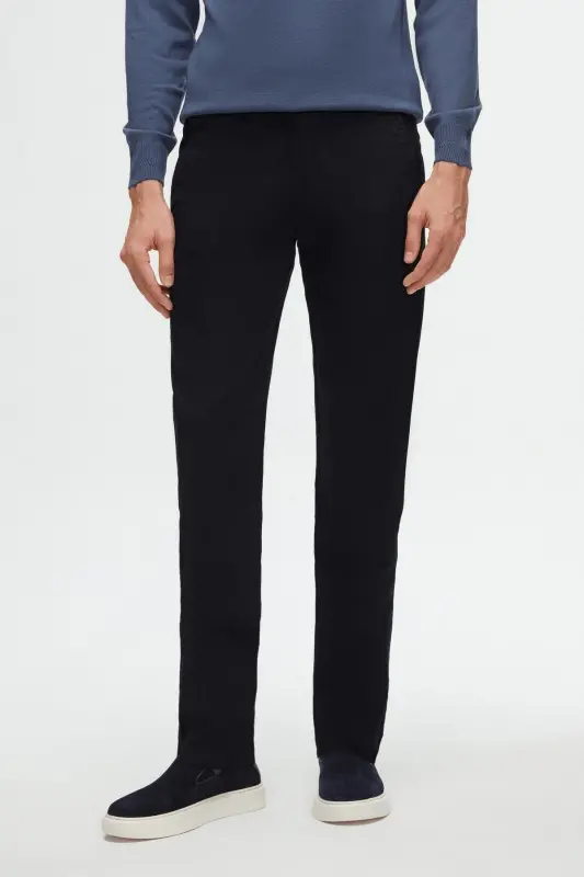 Ds Damat Slim Fit Navy Blue Textured Side Elastic Waistband Flexible Lycra Side Pocket Chino Pants-Navy Blue - 1