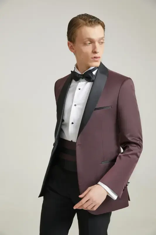 Ds Damod Slim Fit Bordo Jakkard Naqshli To'y Kostyumi & Smokin - D'S DAMAT