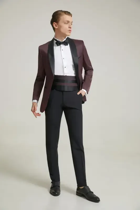 Ds Damod Slim Fit Bordo Jakkard Naqshli To'y Kostyumi & Smokin - 4