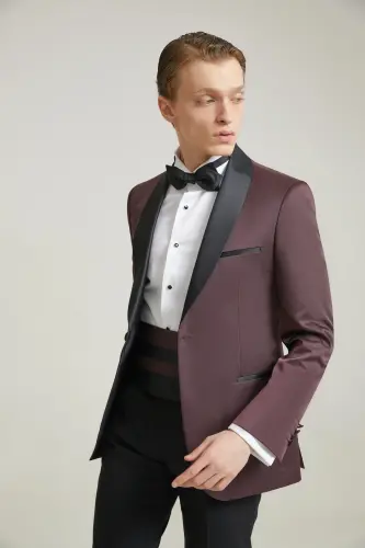Ds Groom Slim Fit Burgundy Jacquard Patterned Wedding Suit & Tuxedo - 1