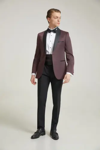 Ds Groom Slim Fit Burgundy Jacquard Patterned Wedding Suit & Tuxedo - 5