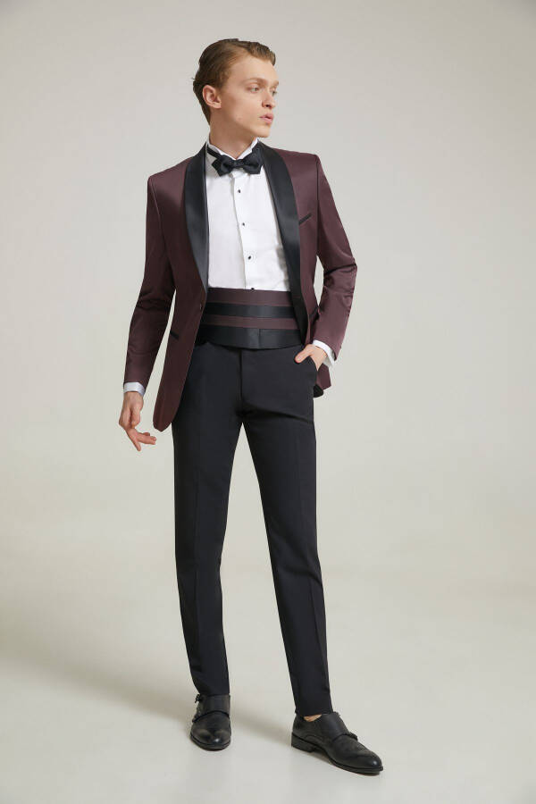 Ds Groom Slim Fit Burgundy Jacquard Patterned Wedding Suit & Tuxedo - 16