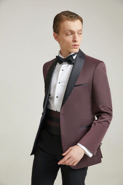 Ds Groom Slim Fit Burgundy Jacquard Patterned Wedding Suit & Tuxedo - 8