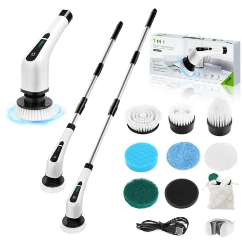 Dsenfurn Electric Spin Scrubber, Cordless Bathroom Tub Scrubber with Long Handle & 7 Replaceable Cleaning Heads, Extension as Short Handle, Portable Power Shower Brush Household Tools for Tile Floor - Dsenfurn