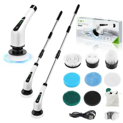 Dsenfurn Electric Spin Scrubber, Cordless Bathroom Tub Scrubber with Long Handle & 7 Replaceable Cleaning Heads, Extension as Short Handle, Portable Power Shower Brush Household Tools for Tile Floor - 1