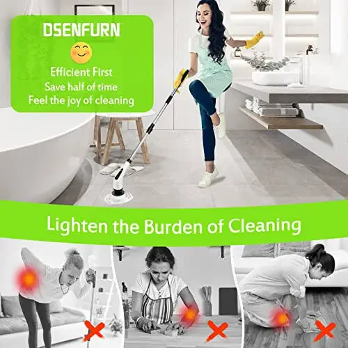 Dsenfurn Electric Spin Scrubber, simsiz hammom küvetini tozalash vositasi, uzun tutqichli va 7 ta almashtiriladigan tozalash boshi, qisqa tutqich sifatida kengaytma, portativ elektr dush cho'tkasi, kafel zamin uchun maishiy asboblar - 6