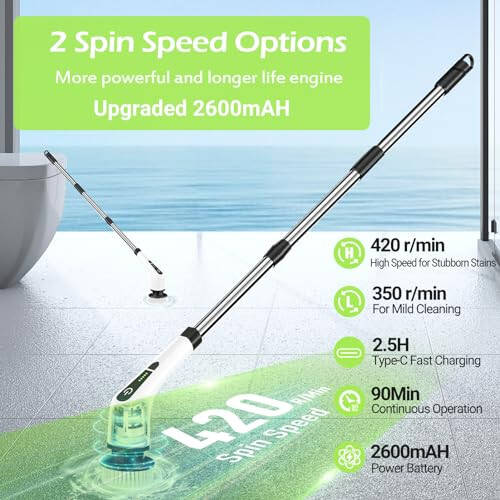 Dsenfurn Electric Spin Scrubber, Cordless Bathroom Tub Scrubber with Long Handle & 7 Replaceable Cleaning Heads, Extension as Short Handle, Portable Power Shower Brush Household Tools for Tile Floor - 2
