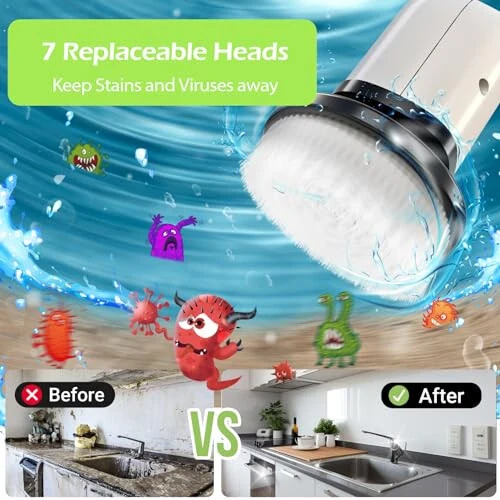 Dsenfurn Electric Spin Scrubber, Cordless Bathroom Tub Scrubber with Long Handle & 7 Replaceable Cleaning Heads, Extension as Short Handle, Portable Power Shower Brush Household Tools for Tile Floor - 4