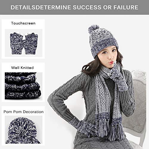 DTBG Knitted Beanie Gloves & Scarf Winter Set Warm Thick Fashion Hat Mittens 3 in 1 Cold Weather for Women Blue - 2